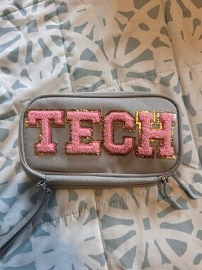 Tech Embellished Gray Phone Wristlet with Pink Lettering